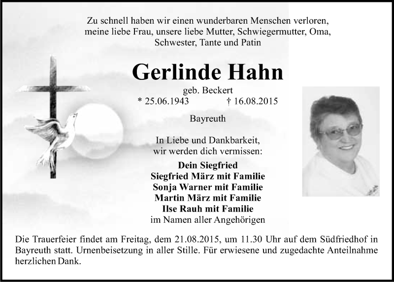  Traueranzeige für Gerlinde Hahn vom 19.08.2015 aus Nordbayerischer Kurier