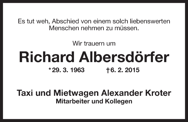  Traueranzeige für Richard Albersdörfer vom 10.02.2015 aus Nordbayerischer Kurier