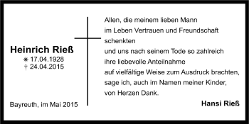 Anzeige von Heinrich Rieß von Nordbayerischer Kurier