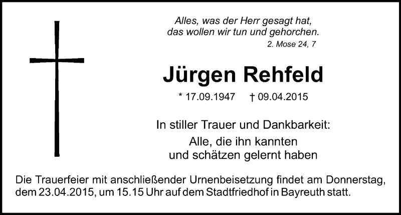  Traueranzeige für Jürgen Rehfeld vom 18.04.2015 aus Nordbayerischer Kurier
