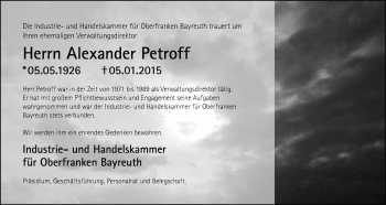 Anzeige von Alexander Petroff von Nordbayerischer Kurier