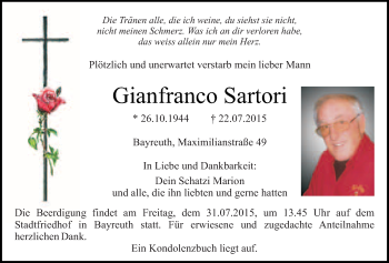 Anzeige von Gianfranco Sartori von Nordbayerischer Kurier