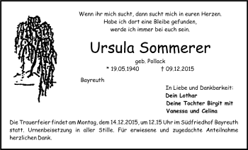 Anzeige von Ursula Sommerer von Nordbayerischer Kurier