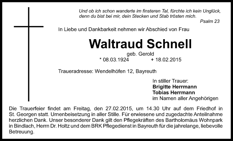 Traueranzeige für Waltraud Schnell vom 24.02.2015 aus Nordbayerischer Kurier