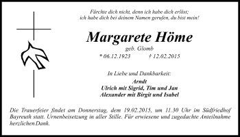 Anzeige von Margarete Höme von Nordbayerischer Kurier