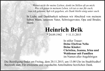 Anzeige von Heinrich Brik von Nordbayerischer Kurier