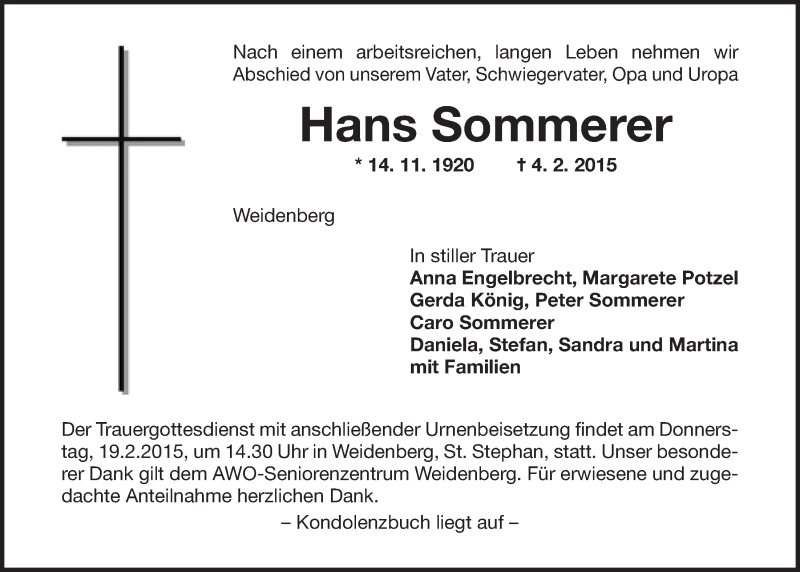  Traueranzeige für Hans Sommerer vom 16.02.2015 aus Nordbayerischer Kurier