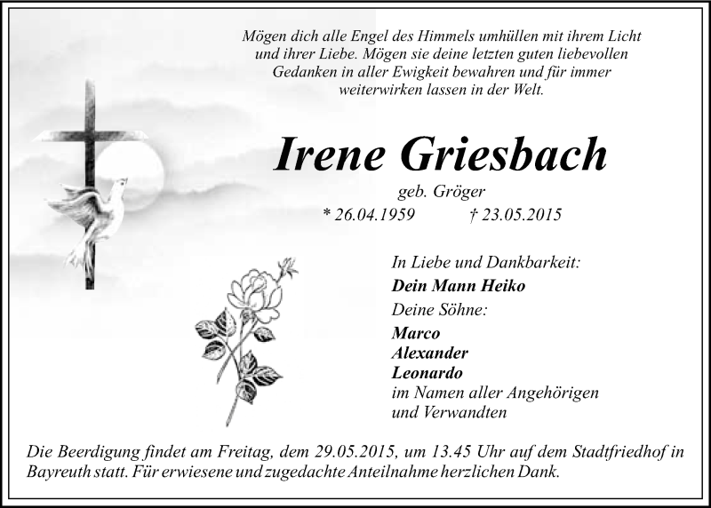  Traueranzeige für Irene Griesbach vom 27.05.2015 aus Nordbayerischer Kurier