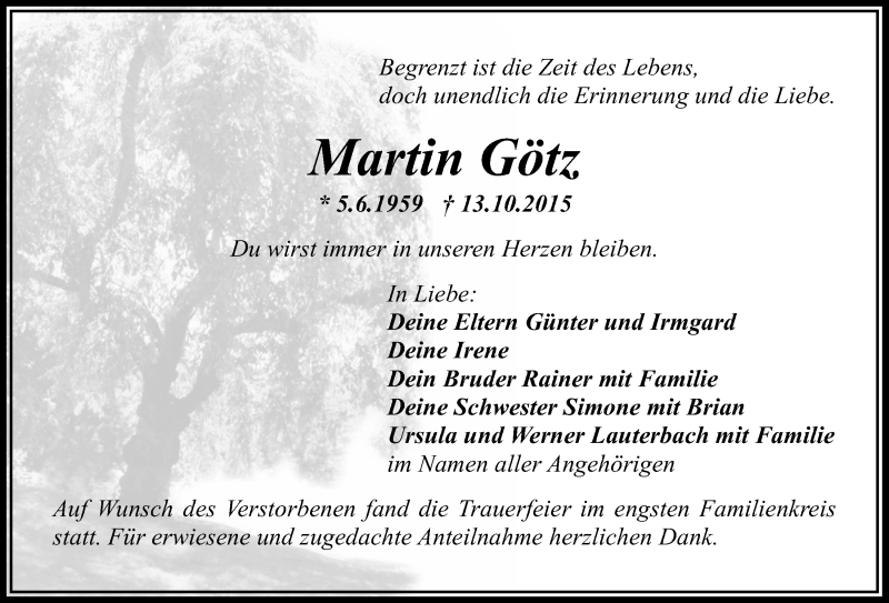  Traueranzeige für Martin Götz vom 24.10.2015 aus Nordbayerischer Kurier