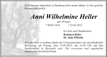 Anzeige von Anni Wilhelmine Heller von Nordbayerischer Kurier