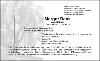 Anzeige von Margot Denk von Nordbayerischer Kurier