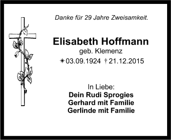 Anzeige von Elisabeth Hoffmann von Nordbayerischer Kurier