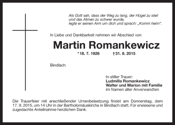 Anzeige von Martin Romankewicz von Nordbayerischer Kurier