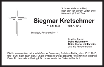 Anzeige von Siegmar Kretschmer von Nordbayerischer Kurier
