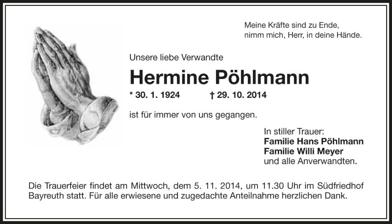  Traueranzeige für Hermine Pöhlmann vom 03.11.2014 aus Nordbayerischer Kurier