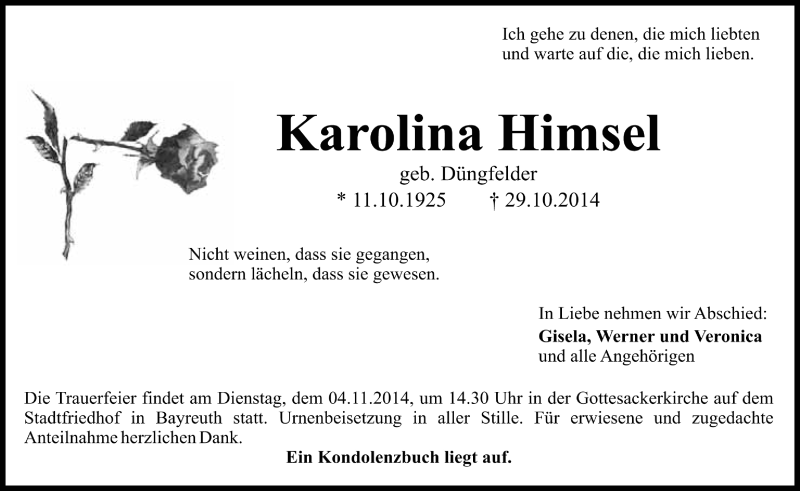  Traueranzeige für Karolina Himsel vom 01.11.2014 aus Nordbayerischer Kurier