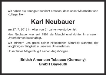Anzeige von Karl Neubauer von Nordbayerischer Kurier