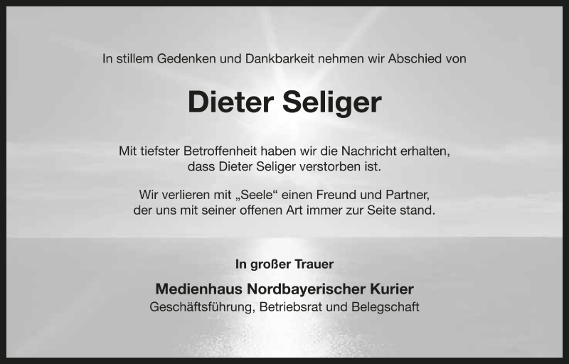 Traueranzeige für Dieter Seliger vom 16.04.2014 aus Nordbayerischer Kurier