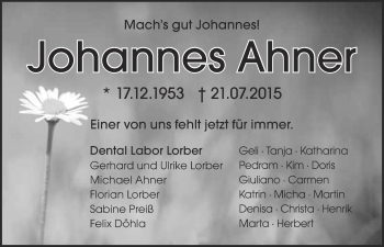 Anzeige von Johannes Ahner von Nordbayerischer Kurier
