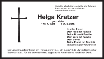 Anzeige von Helga Kratzer von Nordbayerischer Kurier