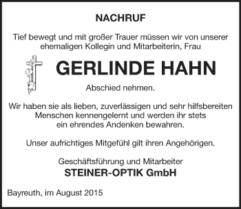 Anzeige von Gerlinde Hahn von Nordbayerischer Kurier