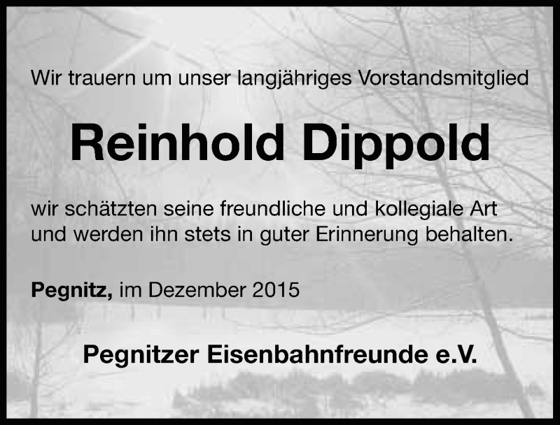 Traueranzeige für Reinhold Dippold vom 30.12.2015 aus Nordbayerischer Kurier