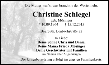 Anzeige von Christine Schlegel von Nordbayerischer Kurier