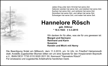 Anzeige von Hannelore Rösch von Nordbayerischer Kurier