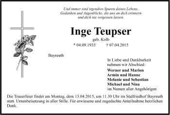 Anzeige von Inge Teupser von Nordbayerischer Kurier