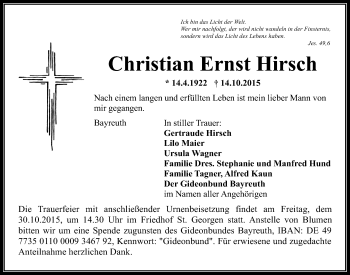 Anzeige von Christian Ernst Hirsch von Nordbayerischer Kurier