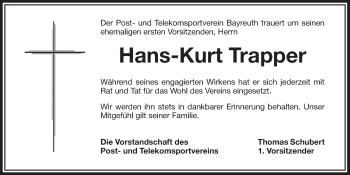 Anzeige von Hans-Kurt Trapper von Nordbayerischer Kurier