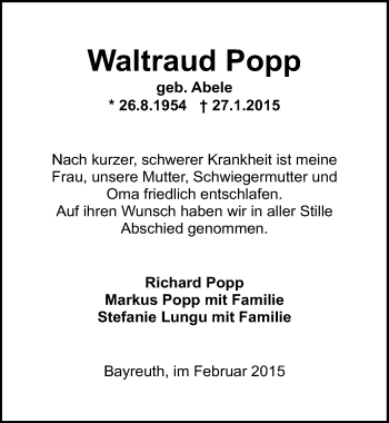 Anzeige von Waltraud Popp von Nordbayerischer Kurier