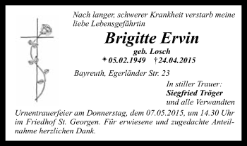 Anzeige von Brigitte Ervin von Nordbayerischer Kurier