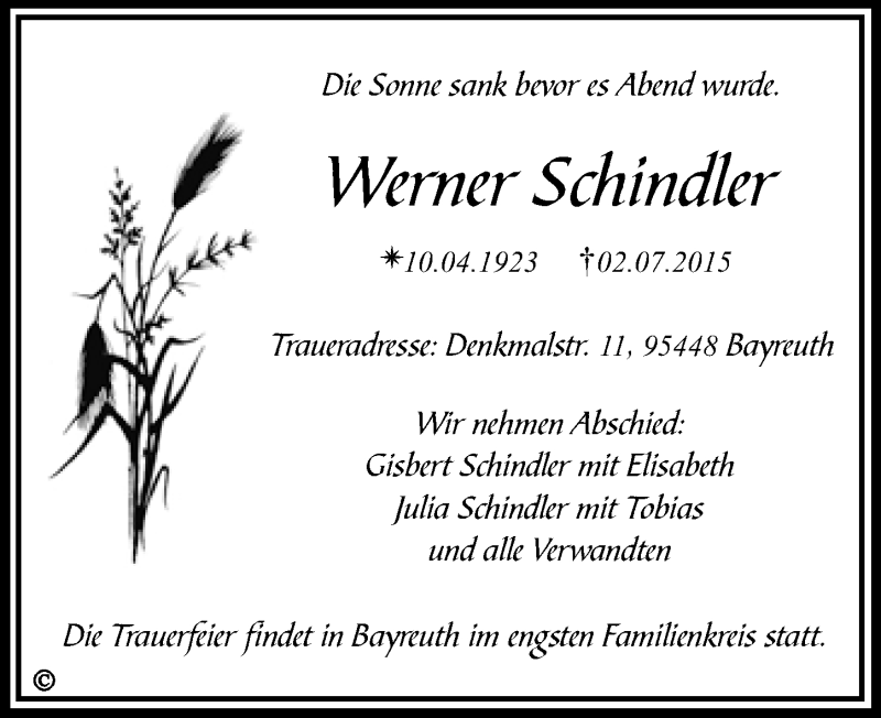  Traueranzeige für Werner Schindler vom 09.07.2015 aus Nordbayerischer Kurier