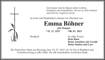 Anzeige von Emma Böhner von Nordbayerischer Kurier