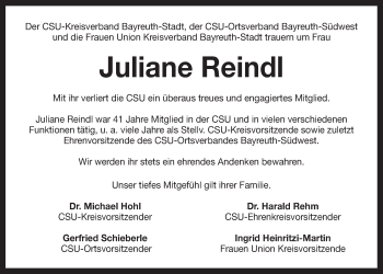 Anzeige von Juliane Reindl von Nordbayerischer Kurier