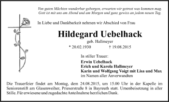 Anzeige von Hildegard Uebelhack von Nordbayerischer Kurier