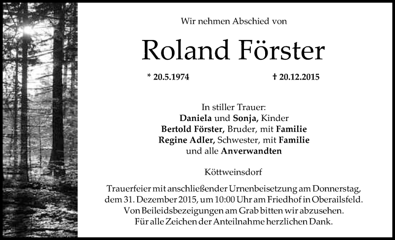  Traueranzeige für Roland Förster vom 29.12.2015 aus Nordbayerischer Kurier