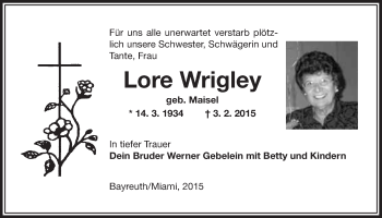Anzeige von Lore Wrigley von Nordbayerischer Kurier