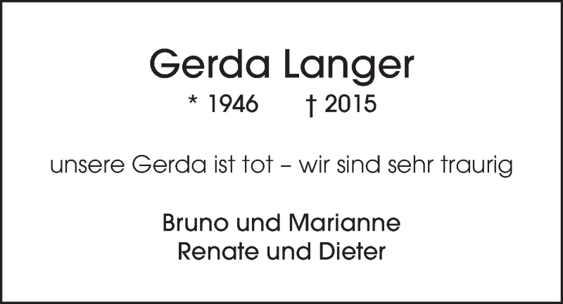  Traueranzeige für Gerda Langer-Gsell vom 10.10.2015 aus Nordbayerischer Kurier
