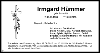 Anzeige von Irmgard Hümmer von Nordbayerischer Kurier