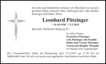 Anzeige von Leonhard Pötzinger von Nordbayerischer Kurier