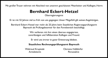 Anzeige von Bernhard Eckert-Hetzel von Nordbayerischer Kurier
