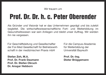 Anzeige von Peter Oberender von Nordbayerischer Kurier