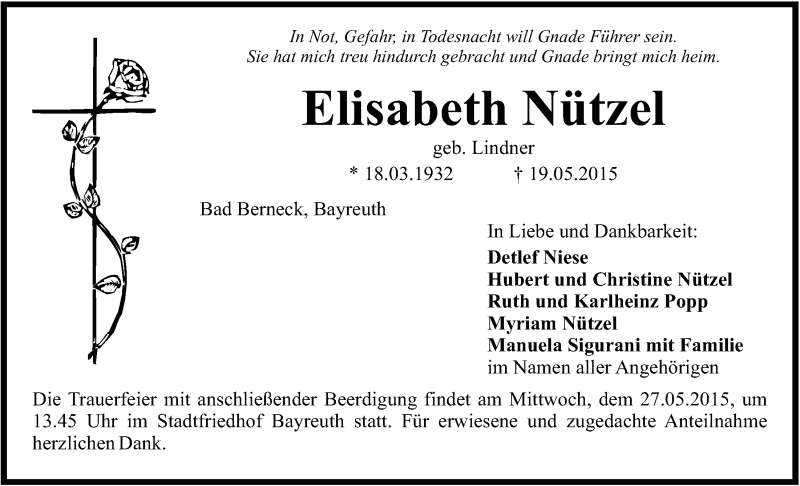  Traueranzeige für Elisabeth Nützel vom 23.05.2015 aus Nordbayerischer Kurier