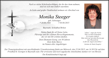 Anzeige von Monika Steeger von Nordbayerischer Kurier