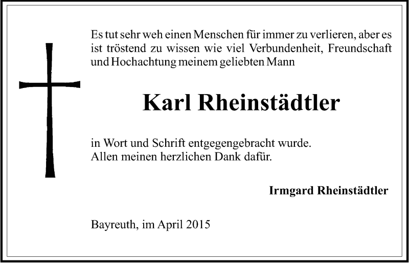  Traueranzeige für Karl Rheinstädtler vom 11.04.2015 aus Nordbayerischer Kurier