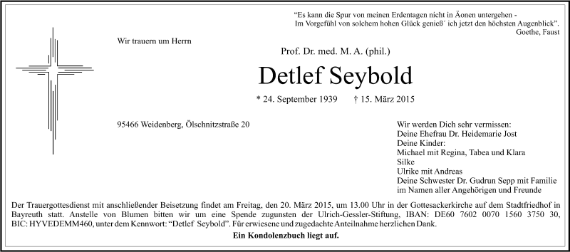  Traueranzeige für Detlef Seybold vom 18.03.2015 aus Nordbayerischer Kurier