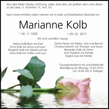 Anzeige von Marianne Kolb von Nordbayerischer Kurier