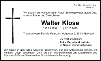 Anzeige von Walter Klose von Nordbayerischer Kurier